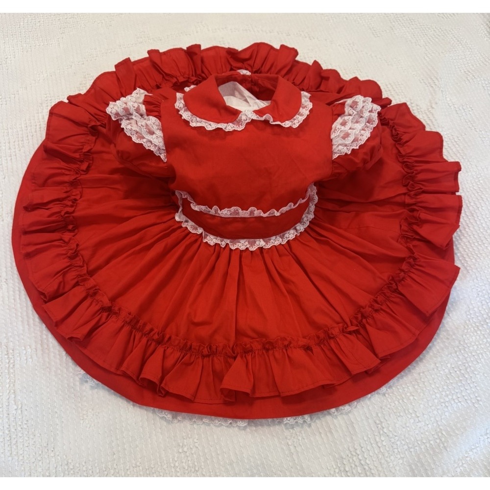 VTG 50s 60s Handmade Toddler Circle Dress Size 2T Red White Frilly Lace Twirl